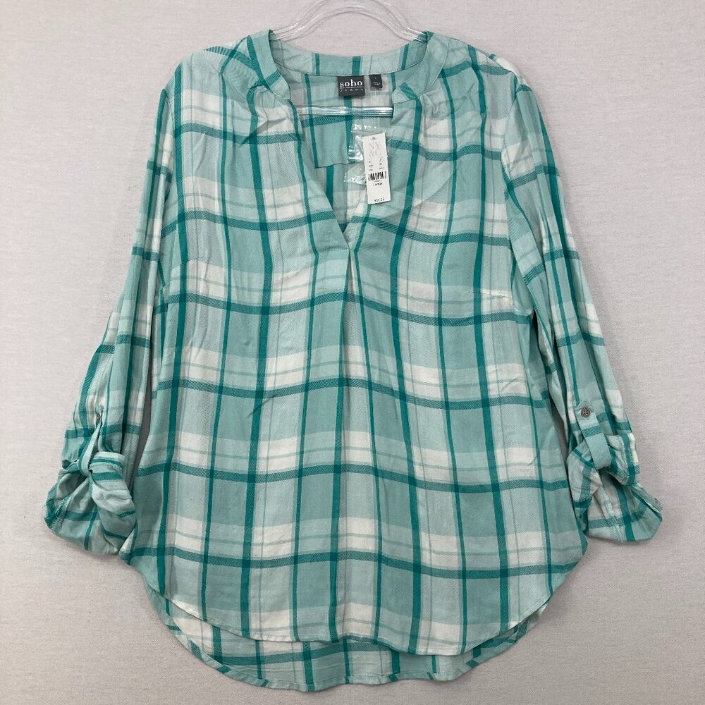 NWT New York & Company Large Blue Plaid Ultra Soft Rayon Rolled Tab Popover Top